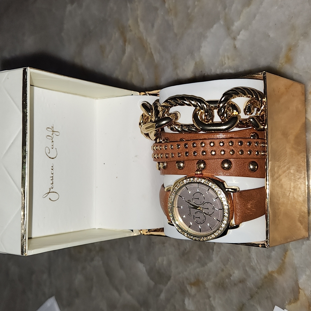 Jessica Carlyle Watch + Bracelet Set Brown and Tan